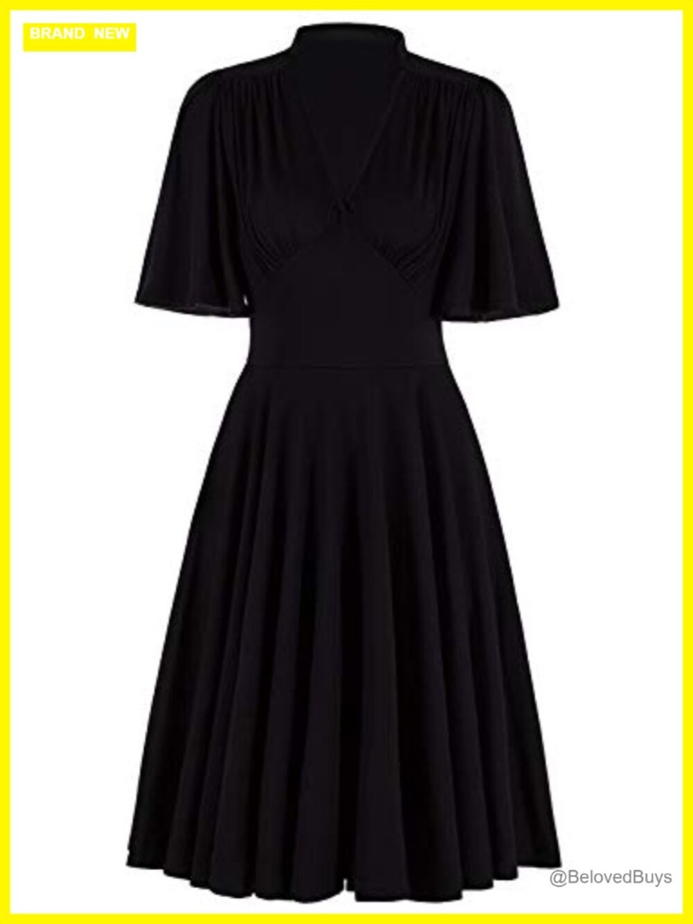 Vintage V Neck Swing Dress Pleated Short Sleeve Knee Length